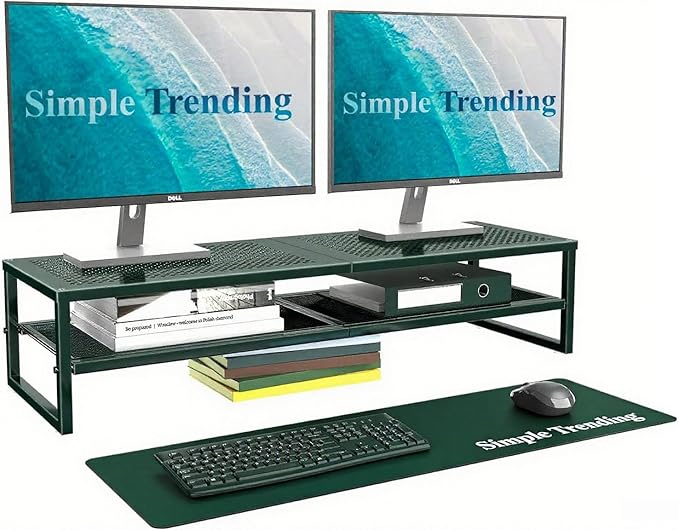 Simple Trending 2 Tier Metal Dual Monitor Stand Riser, Computer Office Desktop Organizer for 2 Monitors with 32"x10" Mouse Pad for Laptop, Printer, TV, Green