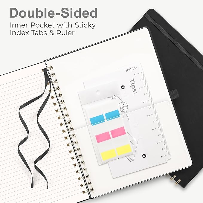 RETTACY Spiral Journal Notebook, 140 Numbered Pages, B5 Medium Size (7.6'' x 10''), for Men & Women, Journaling, Writing, Work & Office, Leather Hardcover, 100 GSM Thick Paper (Black)