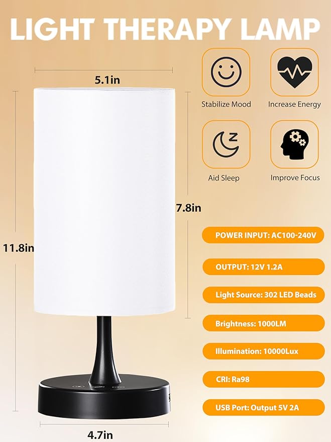 Light Therapy Lamp, 10000 Lux Daylight Lamp with 3 Color Temperatures, Adjustable Brightness, Timer & Memory Function, Sunlight Lamp(Black Base White Shade)