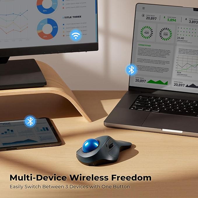 Wireless Trackball Mouse, Comfortable for Large Hands with 44mm Ball, Easy Index Finger Control, Rechargeable, Bluetooth & USB Connection, 5 DPI Adjustable, Compatible for PC, Laptop, Mac, Windows