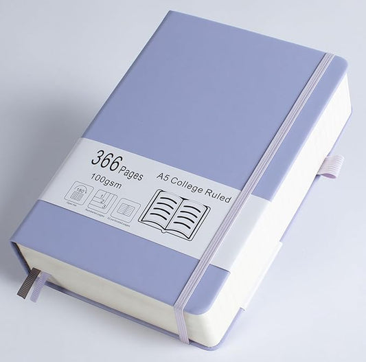 Thick College Ruled Notebook with 366 Numbered Pages, A5 Journal for Writing with 100GSM Lined Paper, Hardcover Leather Notebooks for Women Office Work Diary, 5.7"x8.3" Lavender