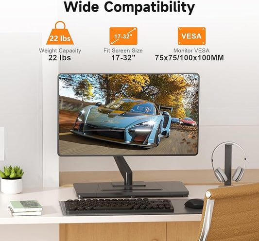 suptek Single Monitor Mount Gas Spring Arm Mount with Base,Free Standing Pneumatic Height Adjustable Monitor Desk Stand for 17 to 32 inch,Holds up to 22 lbs,Black(ML8C)