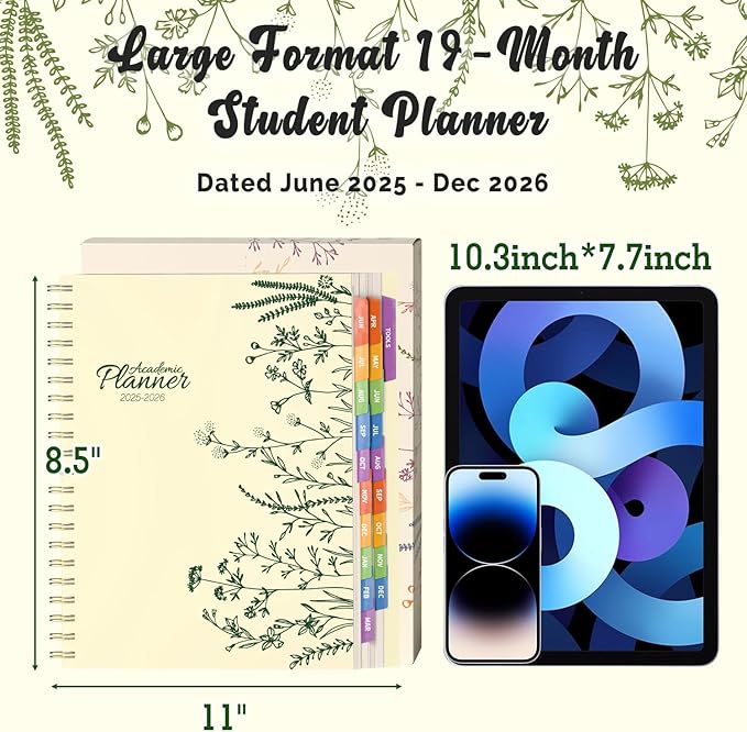 Jun 2025-Dec 2026 Academic Monthly Weekly Daily Planner for School, 19 Months Calendar 25-26 Planning Book with Colorful Tabs, 8.5" x 11" Mid Year College Organizer for Student Teacher (Beige)