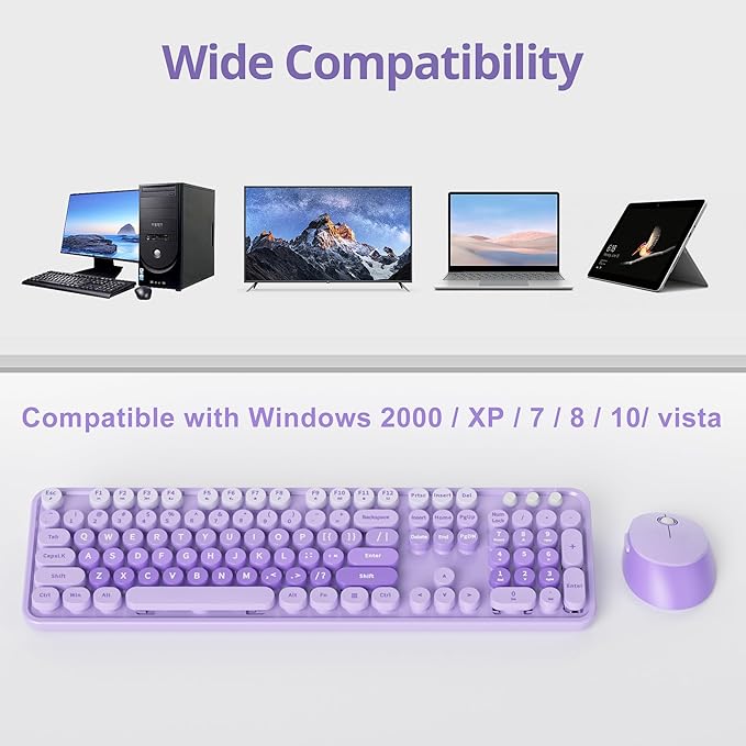 Fogruaden Purple Retro Typewriter Keyboard and Mouse Wireless, 2.4GHz Office Full-Sized Colorful Computer Keyboard with Number Pad and Cute Mouse for Windows PC Desktops Laptop