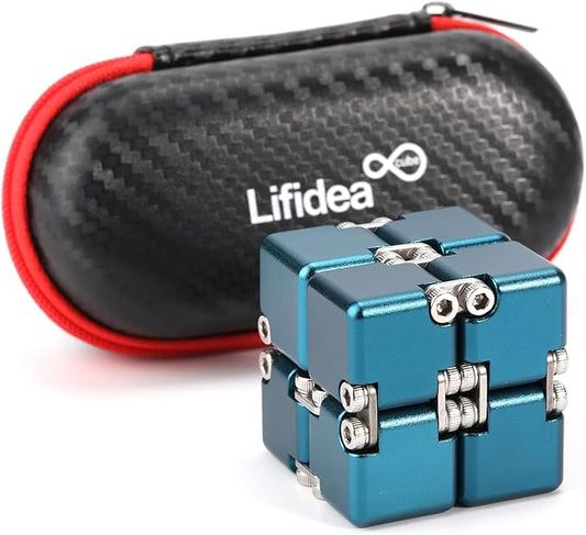 Aluminum Alloy Metal Infinity Cube Fidget Cube (6 Colors) Handheld Fidget Toy Desk Toy with Cool Case Infinity Magic Cube Relieve Stress Anxiety ADHD OCD for Kids and Adults (Blue)