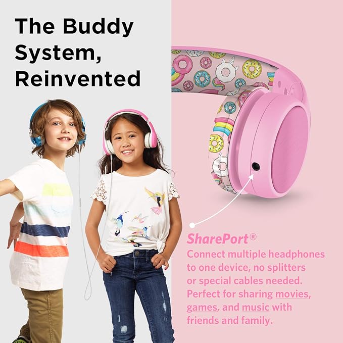 LilGadgets Connect+ Style On-Ear Kids Headphones with Microphone - SharePort Technology, SoftTouch Padding, Detachable Cable, Noise Reduction, Durable & Adjustable - Doughnuts - Wired Headphones