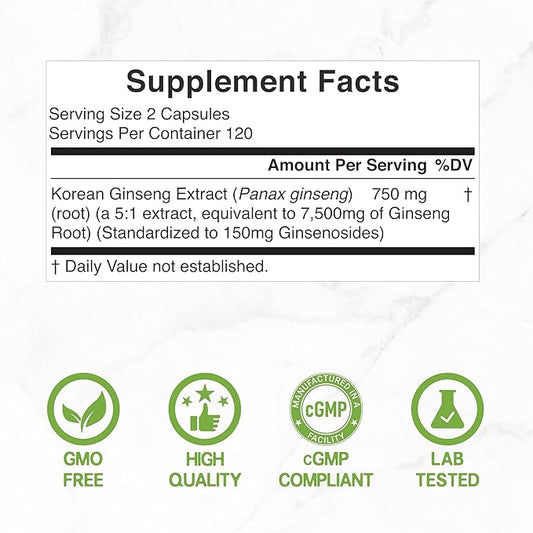 Korean Red Panax Ginseng Root Extract, 7,500mg Serving, 240 Softgels – 150mg Active Ginsenosides