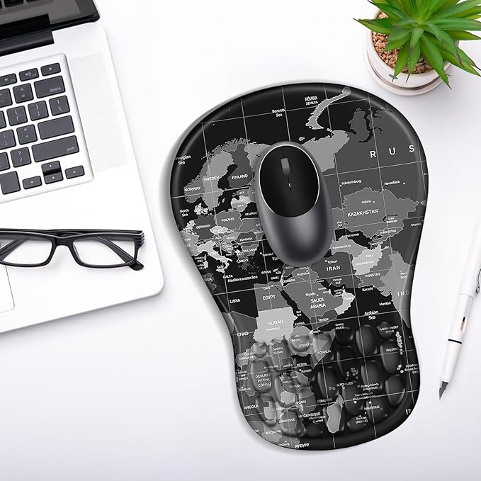 Ergonomic Mouse Pad with Wrist Rest Support, Mousepad with Comfortable Memory Foam Wrist Rest and Non-Slip PU Base for Pain Relief, Computer, Laptop, Office, Home (World Map)