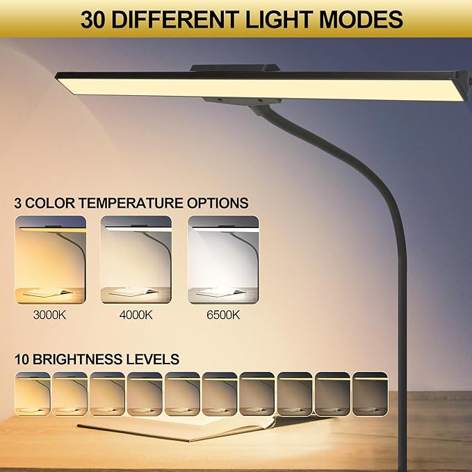 litren Desk Lamps for Home Office Desk Light with Clamp Eye-Caring 3 Colors 10 Brightness Dimmable Swing Arm Clip on Office Desk Lighting for Studying Working Painting Reading Sewing Crafting-Black
