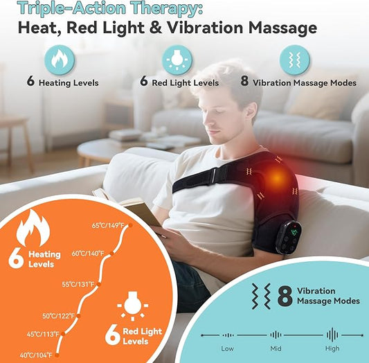 Cordless Shoulder Heating Pad with Massage, Red Light Shoulder Massager for Pain Relief, Electric Rotator Cuff Heated Shoulder Brace for Men & Women. (Black)