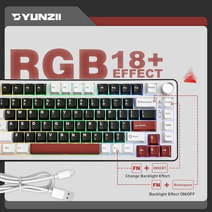 YUNZII B75 PRO Wireless Mechanical Keyboard,75% Layout with Knob,Hot Swap Gasket Custom Structure,Creamy Pre-lubed Switches,RGB Backlit,Bluetooth/Type-C/2.4G for Win/Mac(Blue Grey Switch,Black)