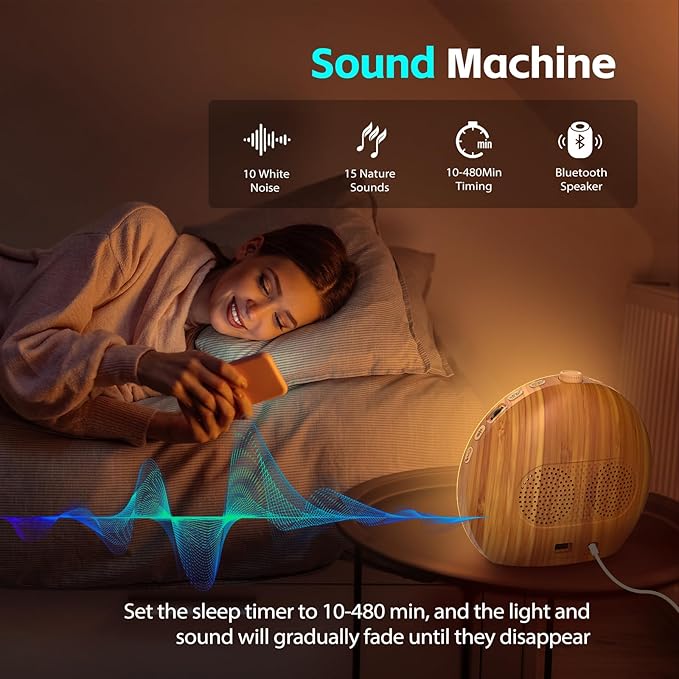 Wood Grain White Noise Sound Machine Sunrise Alarm Clock with 25 Soothing Sounds, 17 Dimmable Night Lights, Bluetooth Speaker Wake Up Light alarm clocks for bedrooms, Heavy Sleepers, Baby, Kids