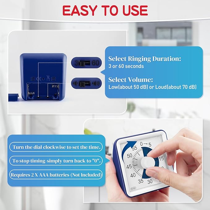 Secura 60-Minute Visual Timer, Classroom Timer, Countdown Timer for Kids and Adults, Time Management Tool for Teaching (Navy Blue & Navy Blue)