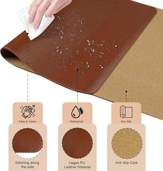Large Desk Pad 35.4" x 17", Non-Slip Desk Mat with PU Leather & Natural Cork, Waterproof Writing Desk Natural Cork, Computer Mat Desk Protector for Office Home, Brown