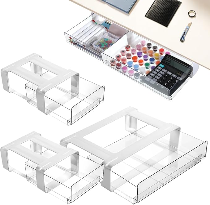 3 Pcs Under Desk Drawer Organizer, Table Hidden Slide Out Desk Drawers Clear Mounted Desktop Pencil Holder 2 Sizes Drawer Divider for Home Office Kitchen Bedroom