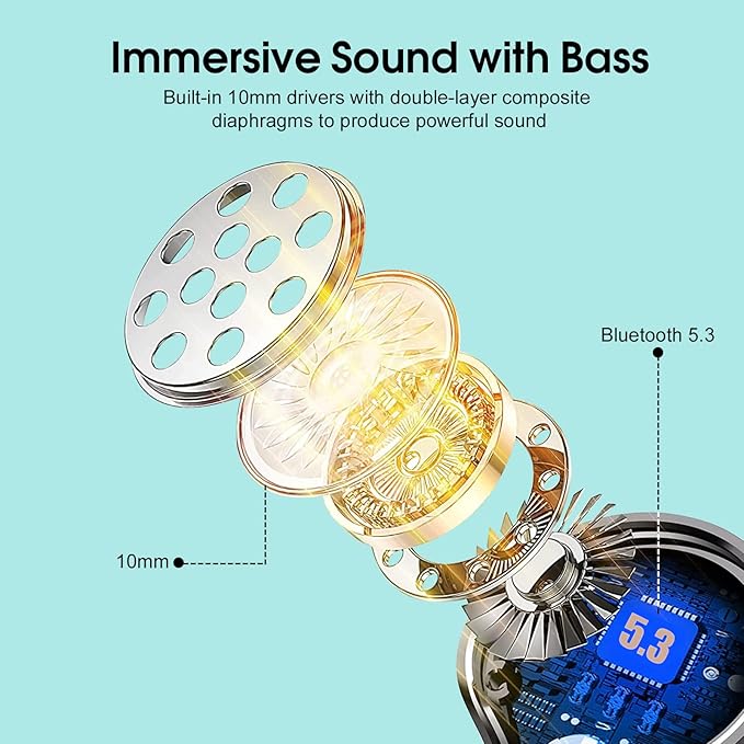 Wireless Earbuds, 2023 New Ultralight Sport Bluetooth 5.3 Headphones In Ear with LED Display, Built-in Mic Earphones, IPX7 Waterproof Wireless Headphones with Earhooks for Gym Workout (Blue)