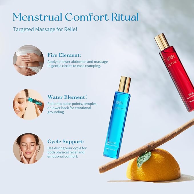 Water + Fire Element Essential Oil Set for Women – Skin Comfort & Cyclical Care – Aromatherapy Essential Oil Blend Roller for Warmth, Focus & Sensory Renewal –Ginger, Cardamom, Citrus, Squalane