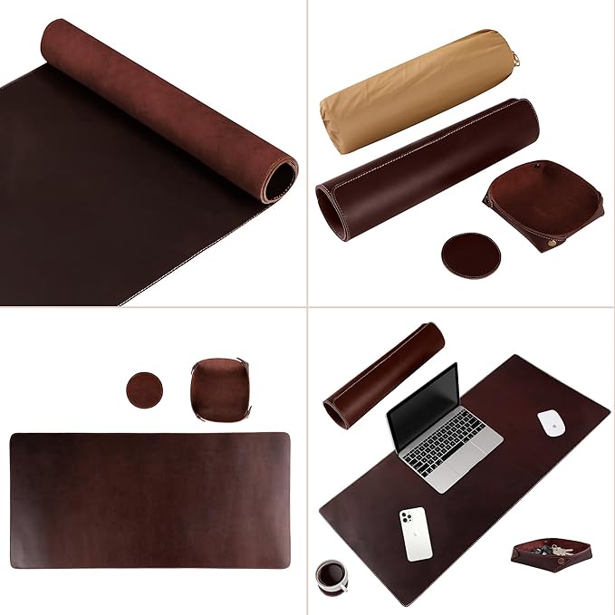 Leather Desk Pad (Real) Leather Desk Mat Set (31x15) Large Desk Cover Desk Blotter Desk Protector Computer Mat for Keyboard Gaming Mouse Pad Table Laptop Office Desktop Accessories 2mm Elizo
