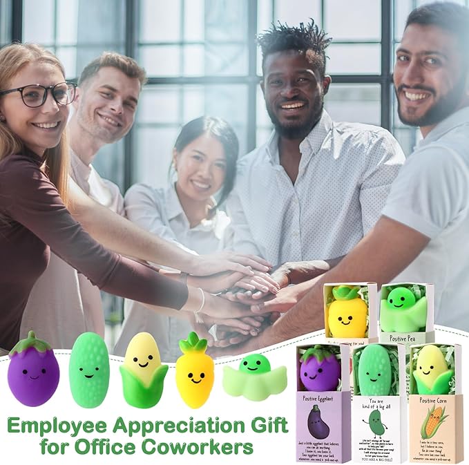 Wettarn 25 Sets Positive Gifts Vegetable Stress Balls with Support Gift Boxes Inspirational Party Favors for Employee Coworker Friends Office Appreciation Relief Toys