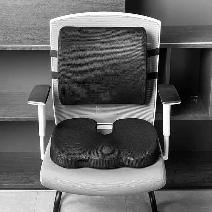 Amazon Basics Comfortable Seat Cushion & Lumbar Support for Office Chairs, Memory Foam, Black