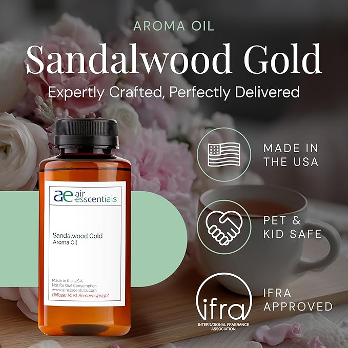 Sandalwood Gold Aroma Oil, Essential Oils Blend for Diffusers & Scent Machines, Sweet Afternoon Tea & Rose, Aromatherapy, Cold Air Diffuser Compatible, 300 mL