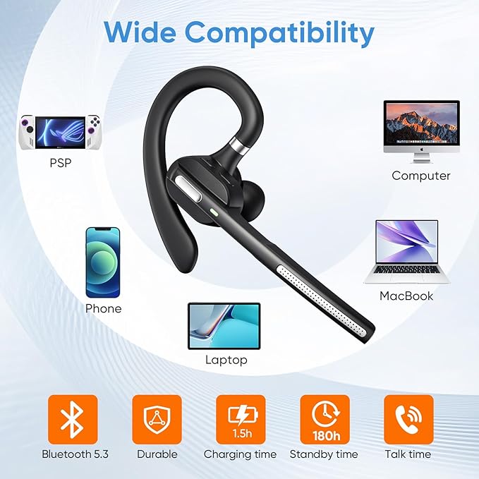 Wireless Work Bluetooth Headset with Microphone 500mAh Charging Case USB Dongle Call Noise Canceling Mic for PC Computer, Laptop, Cell Phones, Remote Work, Call Center, Trucker Work