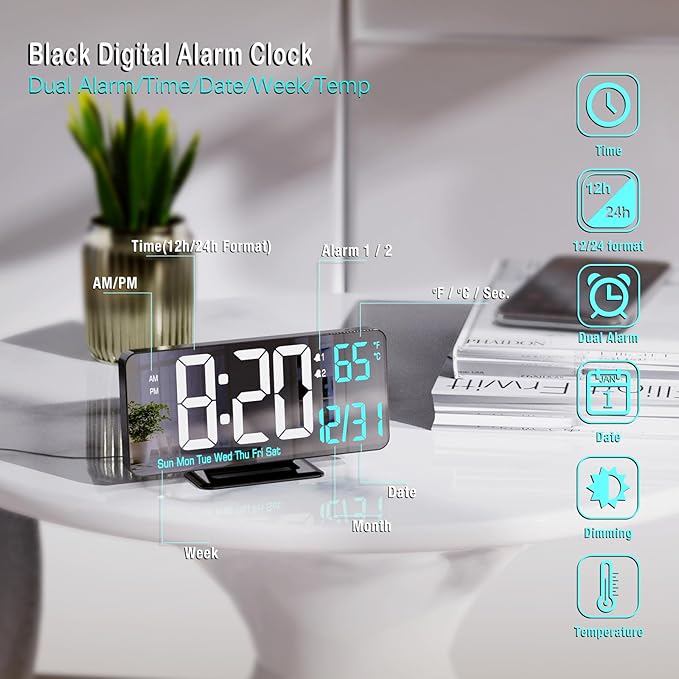 KOSUMOSU Digital Alarm Clock 6.7in Black Clock for Bedroom, Dual Alarm, Date, Seconds,Day of Week,12/24h,Dimming, Temp, Desk Clock, LED Clock for Living Room, Calendar Digital Clock