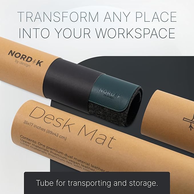 Nordik Felt and Leather Desk Mat Non-Slip - Green - 35 X 17 Inch - Dual Layer - Felt and Vegan Leather Desk Pad - Document Organizers - Blotter and Desktop Mat - Protector Laptop Matt for Desktop