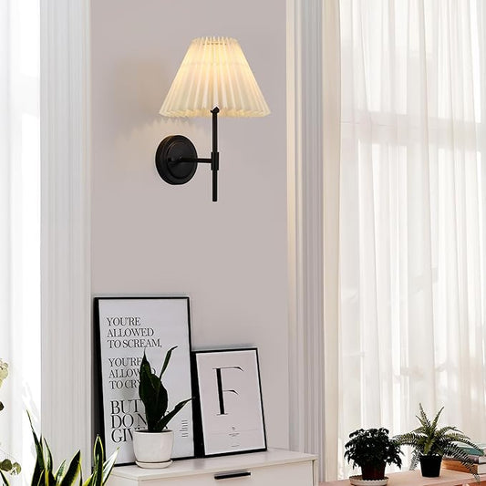 GLOBE 1-Light Wall Sconce, Matte Black, White Pleated Fabric Shade, E12 Base Socket, Candelabra Bulb, Living Room Lighting, Home Essentials, Décor, Bedroom, Mounted Bedside Lamp