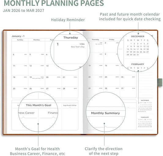 AHGXG 2026 Planner, Weekly and Monthly Planner 2026-2027, Large A4 8.5"x11", Calendar 15-Months Jan 2026 - Mar 2027, Vegan Leather SoftCover, Inner Pocket, Sage Green