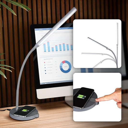 Ottlite Stretch LED Desk Lamp with Wireless Charging - ClearSun LED Technology, 3 Color Temperature Modes with Touch Sensitive Controls & Flexible Gooseneck Arm for Home, Office & Dorms