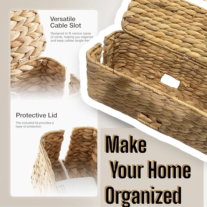 Cable Management Box, Water Hyacinth Organizer Box, Durable Rattan Cable Organizer, with 2 Open Slots for Home Office Desk Computer TV Wires USB Hub Power Strip, Handmade Rattan Cord Organizer Box