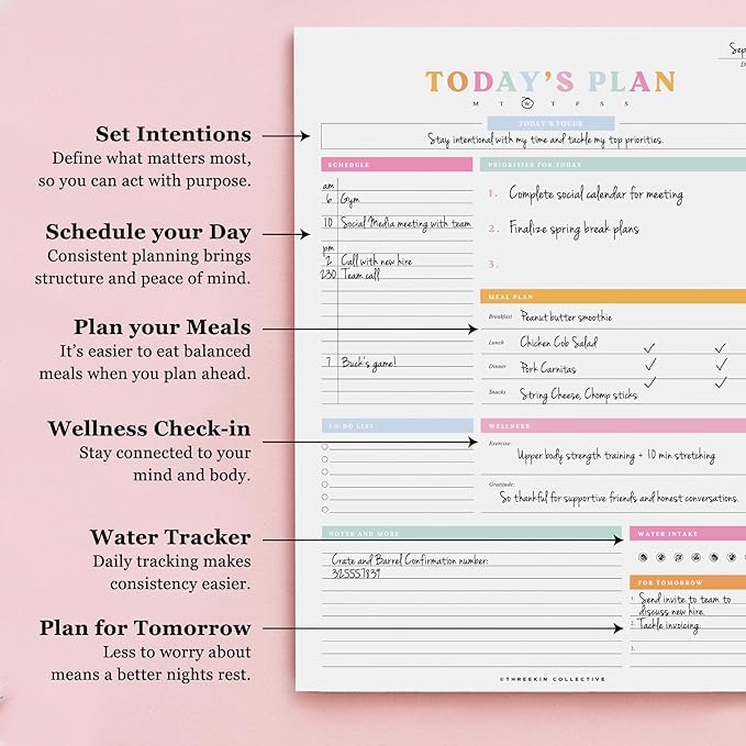 ThreeKin To-Do List Planner – Daily Tear-Off Notepad (50 Sheets, 8.5” x 11”) for Maximum Productivity – Colorful Layout for Work, School & Home – USA Women-Owned Brand