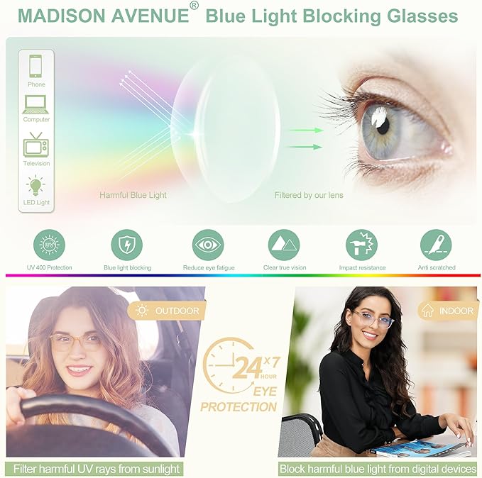 Madison Avenue TR90 Blue Light Blocking Glasses Anti Eyestrain UV Glare Blue Light Glasses for Women TV Phone Computer Gaming Eyeglasses (Transparent Green)