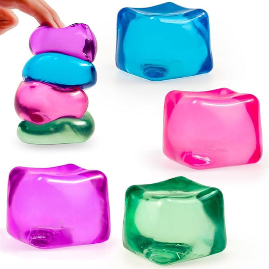 Stress Cube – 4-Pack High-Density Gel-Filled Ice Cube Squishy Fidget Toy for Anxiety Relief, Slow Rising, ADHD & Focus Aid, for Kids & Adults, 2.1", Blue, Purple, Pink & Green
