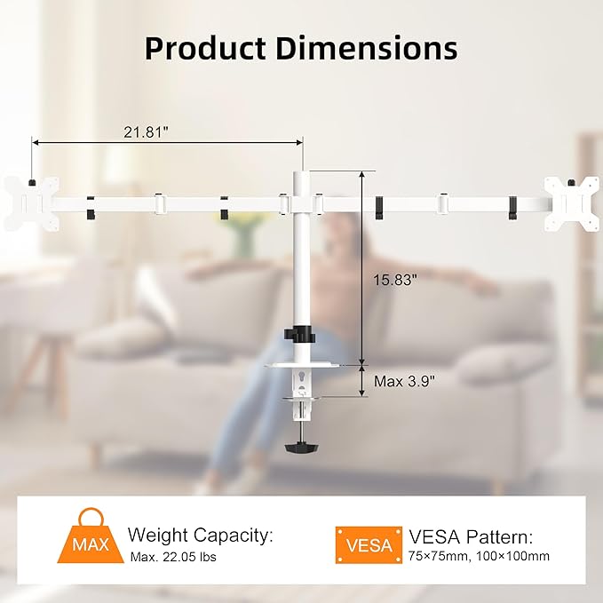 Pholiten Dual Monitor Stand, Heavy Duty Adjustable Monitor Arm Desk Mount for 2 Screens up to 42Inches, Tilt, Swivel, Rotate, Supports Tilt, Swivel, Rotate, Supports 22 lbs per Arm,White