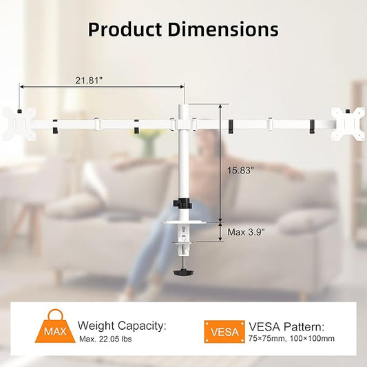 Pholiten Dual Monitor Stand, Heavy Duty Adjustable Monitor Arm Desk Mount for 2 Screens up to 42Inches, Tilt, Swivel, Rotate, Supports Tilt, Swivel, Rotate, Supports 22 lbs per Arm,White