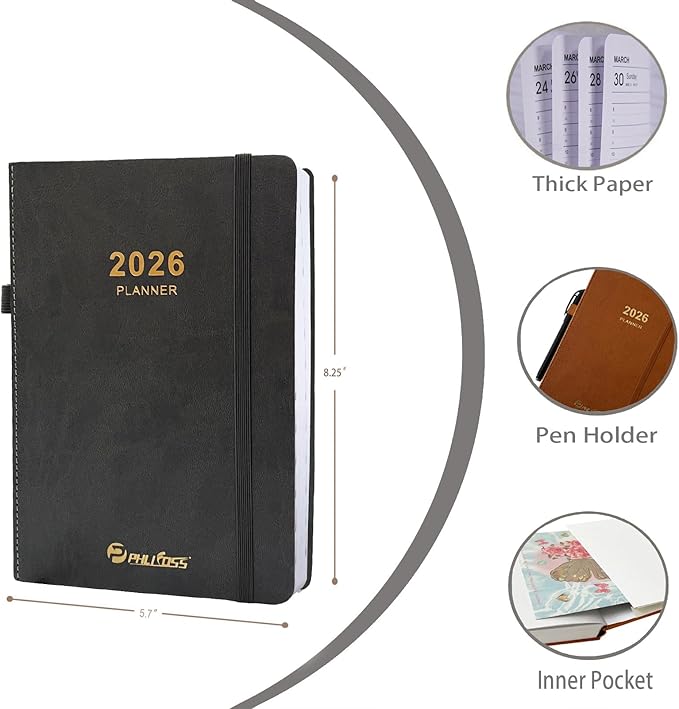 2026 Daily Planner/Calendar, One Page Per Day, Daily Monthly Agenda Planner with Time Slots, Jan - Dec 2026, 5.7" x 8.25" Appointment Book, Pen Holder, Leather Cover (2026-Dark Grey Blue)
