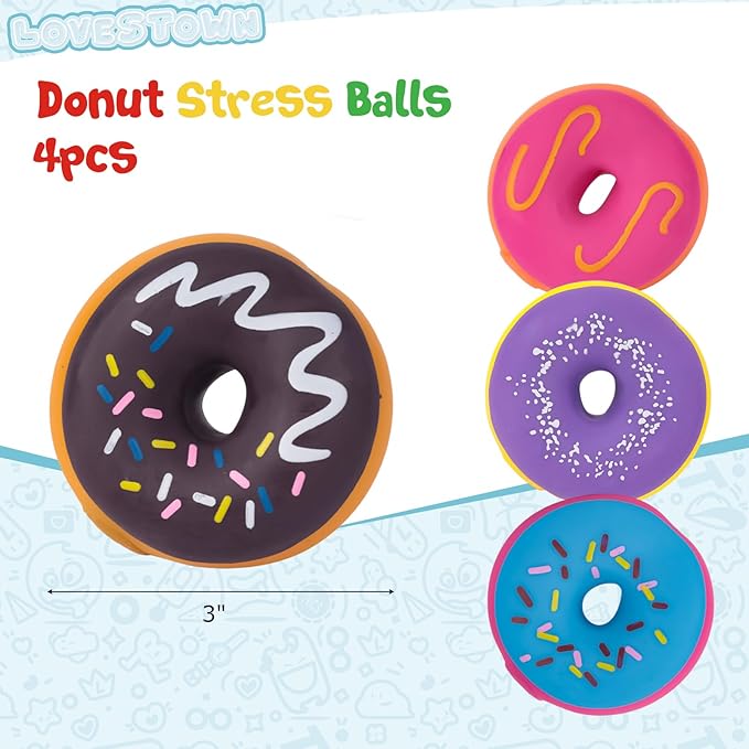 LovesTown 4PCS Donut Stress Ball - Artificial Donut Sensory Toys for Birthday Party Favors, Photo Props & Display