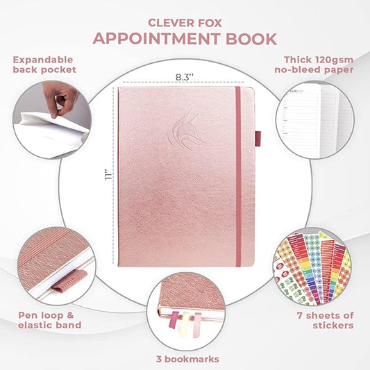 Clever Fox Appointment Book – Hourly Schedule Planner with 15-Minute Increments – Time Box Planner for Daily Work & To-Dos – Weekly & Monthly Spreads, Undated, Hardcover, 8.3x11″ (Rose Gold)