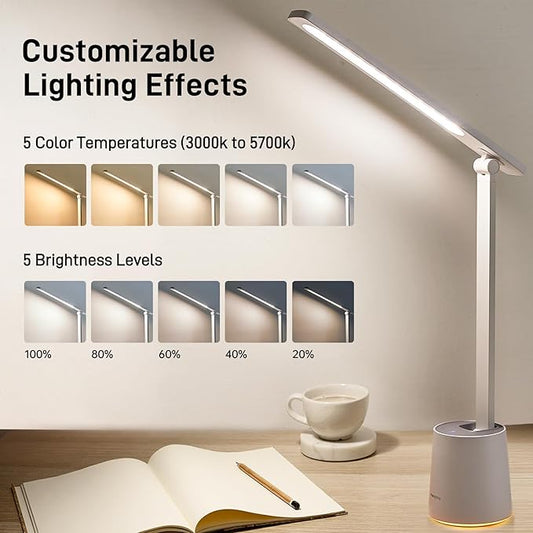 Pak LED Desk Lamp, Dimmable Eye-Caring Desk Light with 5 Color Modes & Brightness Levels, Portable Small Study Reading Table Lamp with Night Mode, Touch Control, Ideal for Home Office, Dorm, White