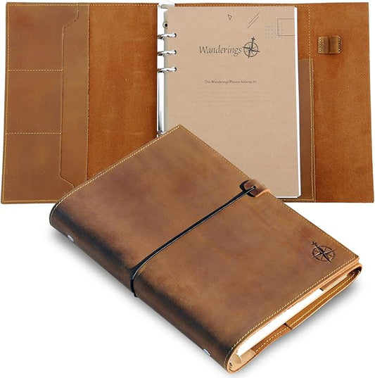 Wanderings A5 Leather Binder Planner - Refillable 6 Ring Journal with Inner Pockets - Hand-Crafted Genuine Leather Organizer- Filofax Compatible. 2026/27 Monthly Weekly Calendar with Notes - 6"x8.5"