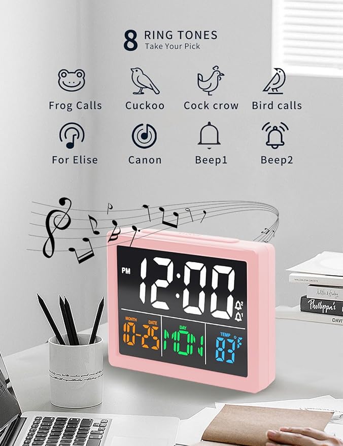 Digital Alarm Clock, with 5.5" Large LED Time Display, Adjustable Alarm Volume, 6 Level Brightness, Alarm Settings, USB Charger, Temperature Detect, Snooze, Clocks for Bedroom, Bedside, Desk, Pink