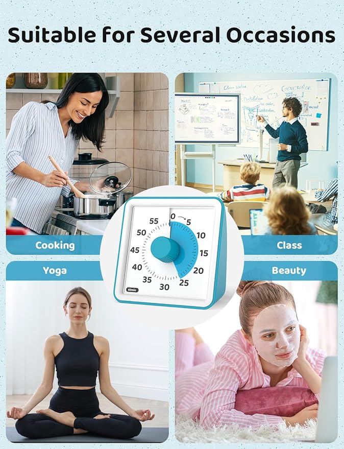 LIORQUE Visual Timer for Kids, 60-Minute Countdown Timers for Classroom Office Kitchen with Silent Operation, Kids Timer for Teaching (Batteries Included)