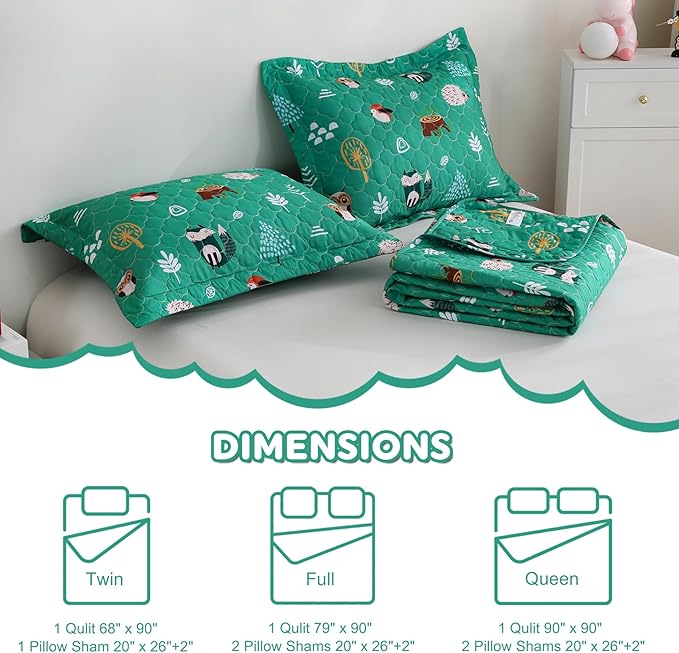 Green Forest Animals Quilt Set for Boys Twin Size Kids Bedding Sets Lightweight Summer Bedspread Soft Microfiber Breathable Bed Comforter All-Season