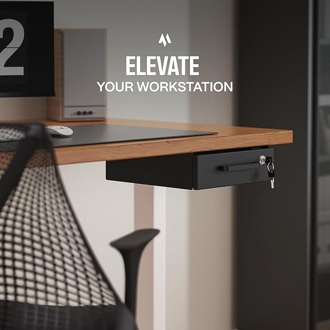 Under Desk Drawer Slide-Out – Lockable Metal Storage Drawer with Cable Management for Office & Home (Single, Non-Bracketed)