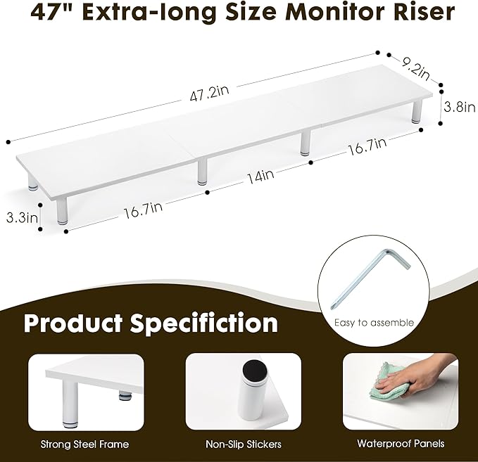 47 Inch Extra-Long Dual Monitor Stand Riser for 2 Monitors, Desk Shelf TV Riser Blocks, Wood and Steel Desktop Riser for Computer, Laptop, Printer, Home Office Organization, White