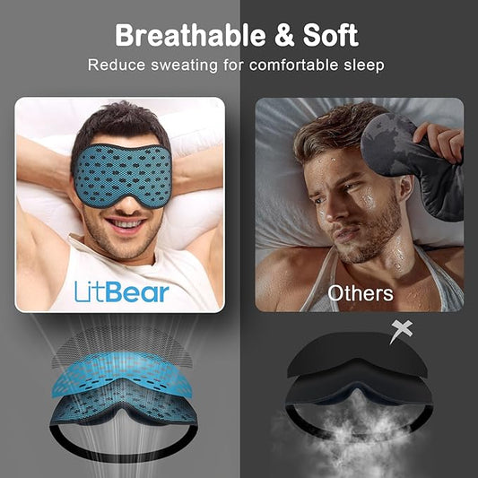LitBear Breathable Sleep Mask, 3D Eye Mak Sleep for Side Sleepers Women Men, Light Blocking Sleeping Mask with Adjustable Strap, Soft Lightweight Eye Cover for Travel, Night Work, Nap, Office - Blue