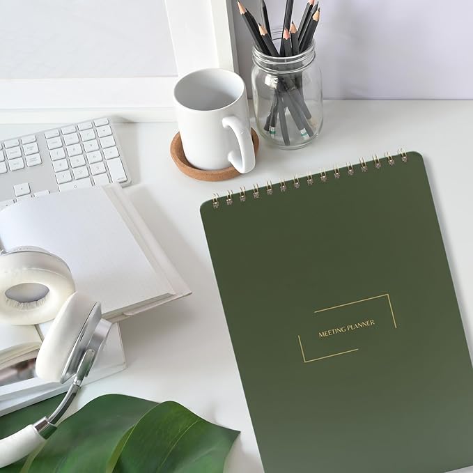 | Meeting Notebook for Work | 8.25" x 11.75" | Project Planner | Simple Design | Multiple Layouts | Office and Business Planner (Evergreen, Meeting Planner - Portrait)