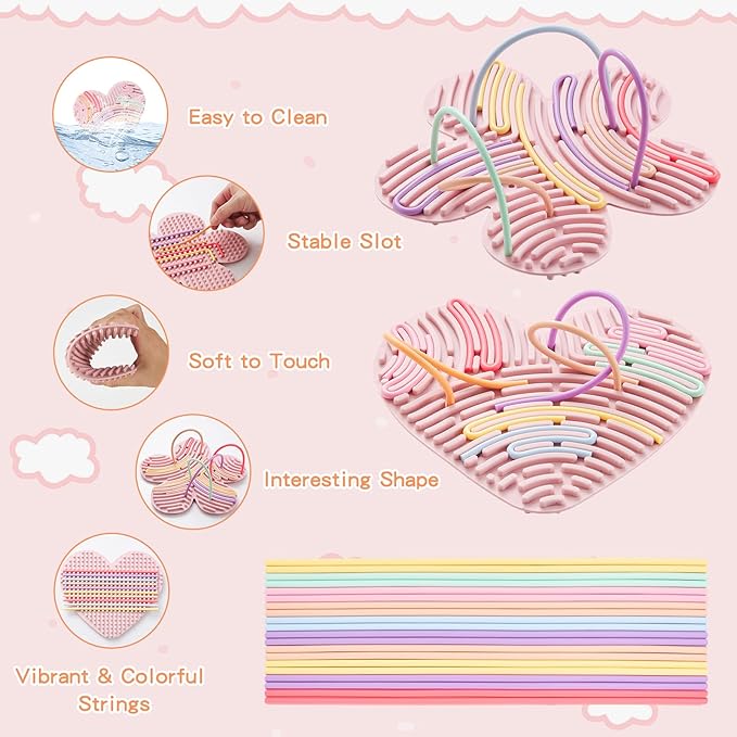 2 Pack Sensory Activity Board with 20 Random-Color Strings, Double-Sided Silicone Sensory Fidget Toy for Kids and Adults with Autism, ADHD, Silent, Stress Relief, Calming, Focus, Gift for Girls Boys